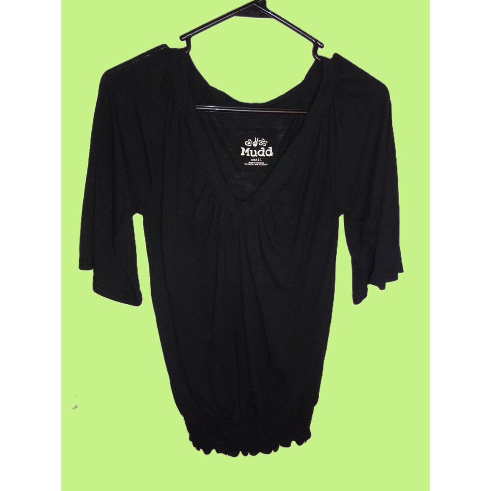 Mudd ~ Black Boho Y2K Deep V-Neck Elastic Hem Top ~ Size Small